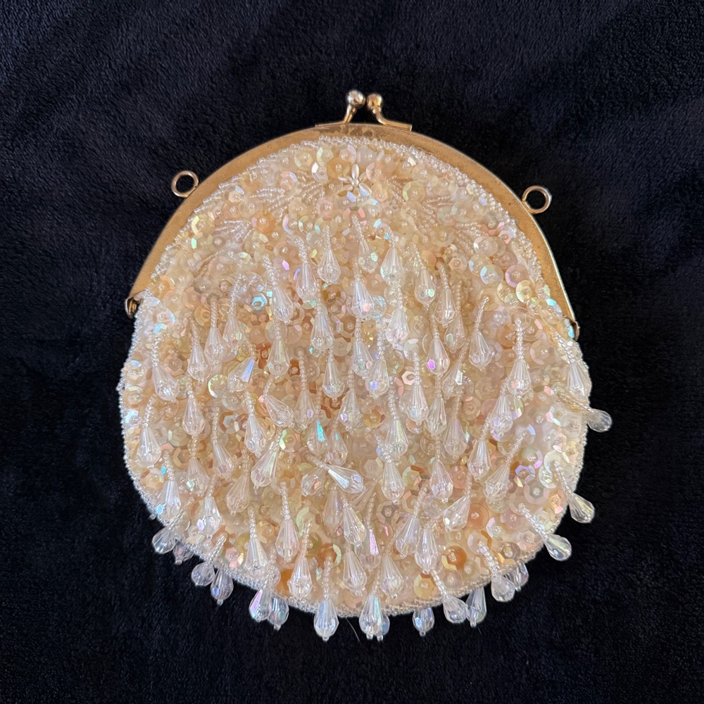 Vintage Iridescent Clear Beaded Sequins Formal Evening Cocktail Clutch